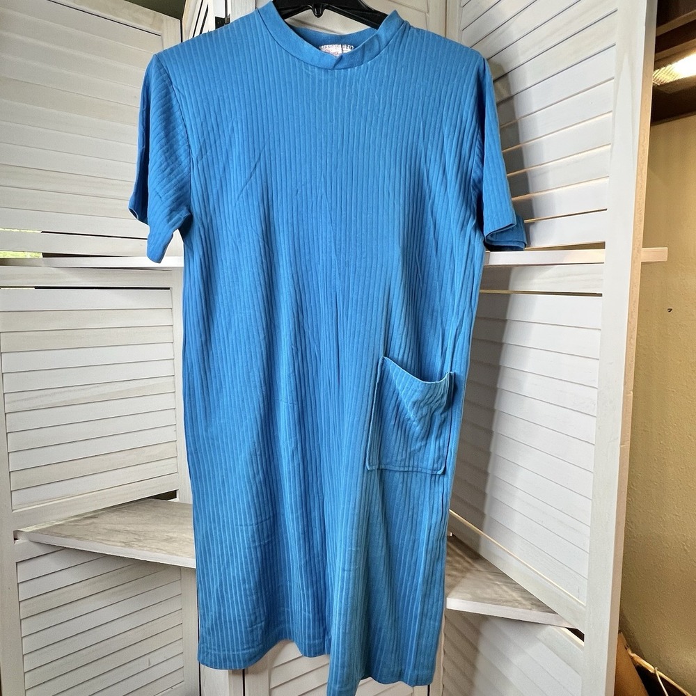 Vintage Heather Collection Blue Ribbed Pocket Dress One Size FM Made‎ in USA